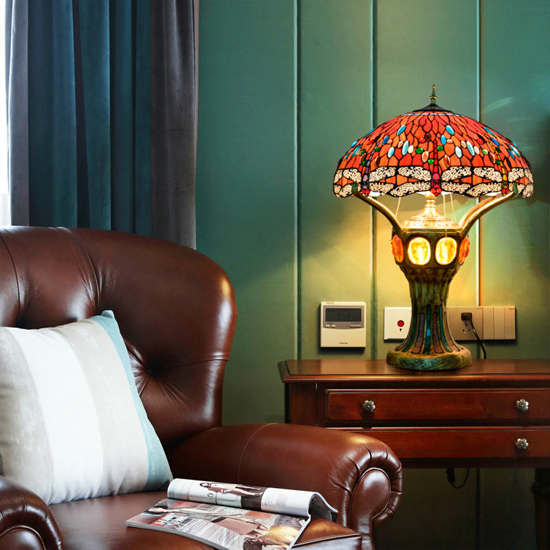 Tiffany Vintage Red Glass Dragonfly Design 4-Light Table Lamp