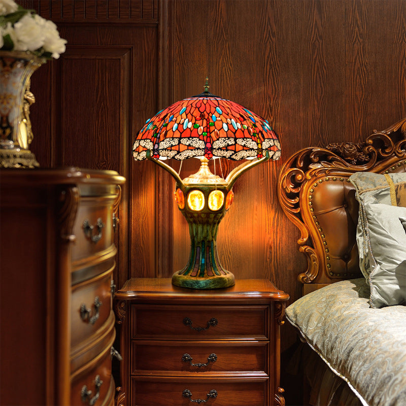 Tiffany Vintage Red Glass Dragonfly Design 4-Light Table Lamp