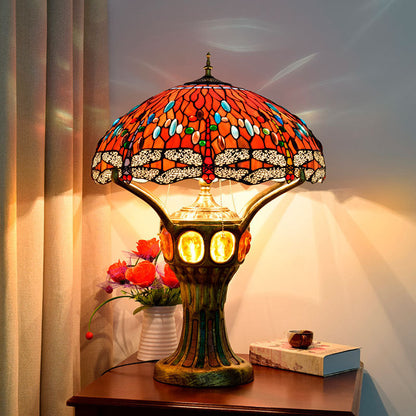 Tiffany Vintage Red Glass Dragonfly Design 4-Light Table Lamp