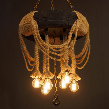 Vintage Industrial Hemp Rope Black Tire 6-Light Chandelier