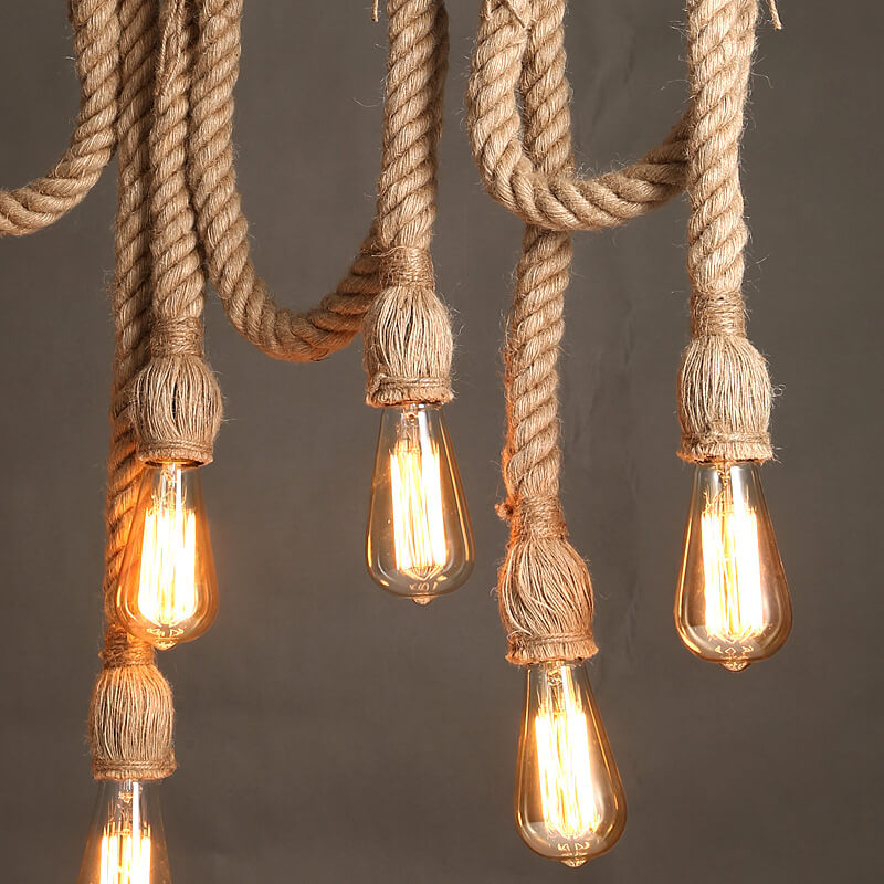 Industrial Vintage Twine Wooden Stick 3/6 Light Chandelier