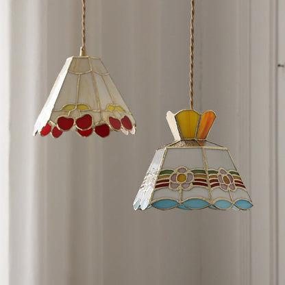 Contemporary Vintage Pentagonal Hexagonal Brass Glass 1-Light Pendant Light For Living Room