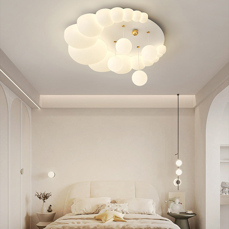 Modern Art Deco Oval Cream Bubble Flower Moon PE Iron LED Flush Mount Ceiling Light For Living Room