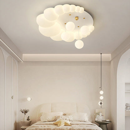 Modern Art Deco Oval Cream Bubble Flower Moon PE Iron LED Flush Mount Ceiling Light For Living Room