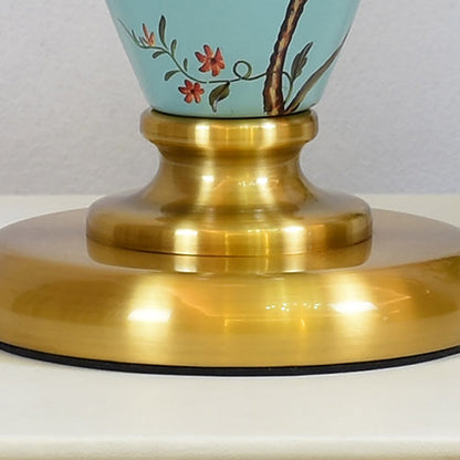 Traditional Chinese Bird And Flower Cylinder Hardware Ceramic Fabric 1-Light Table Lamp For Bedroom