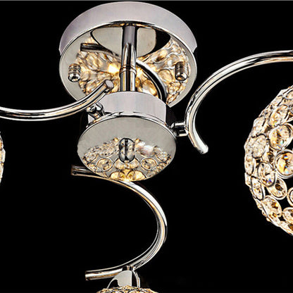 Modern Art Deco Round Hollowed Out Orb Iron Crystal 3-Light Semi-Flush Mount Ceiling Light For Living Room