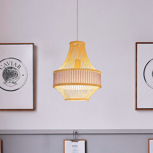 Modern Boho Bamboo Weaving Lantern Fabric 1-Light Pendant Light For Dining Room