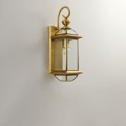European Simple Copper Glass Square Lantern 1-Light Outdoor Waterproof Wall Sconce Lamp
