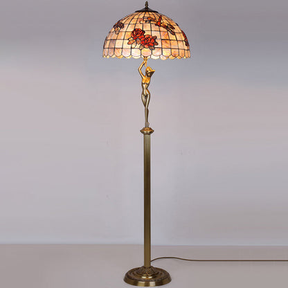 Traditional Tiffany Brass Shell Dome Rose Dragonfly 3-Light Standing Floor Lamp For Living Room