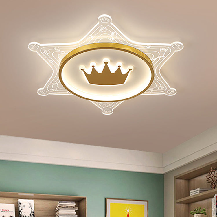 Modern Art Deco Crown Round Pentagon Acrylic Iron LED Flush Mount Ceiling Light For Living Room