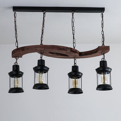 Traditional Japanese Wood Double Moon Design Iron Glass Bottle Shade 4-Light Island Light Chandelier For Dining Room