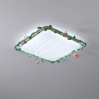 Contemporary Creative Round Square Rose Leaf Iron Rubberwood Acrylic LED Flush Mount Ceiling Light For Bedroom