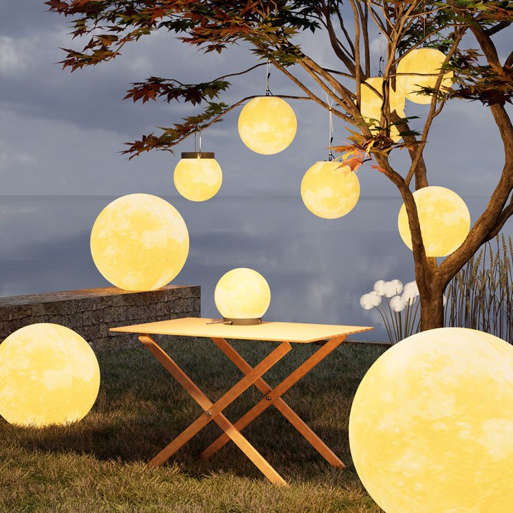 Contemporary Nordic Solar Waterproof PE Resin Round Moon LED Pendant Light For Outdoor Patio
