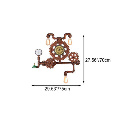 Contemporary Industrial Iron Water Pipe Wood Gear Dashboard 3-Light Wall Sconce Lamp For Entertainment Room
