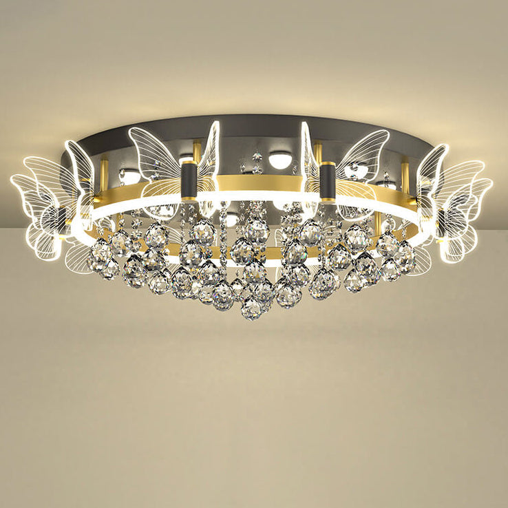 Modern Luxury Radiant Crystal Strings Butterfly Embellishment Round Shade LED Flush Mount Ceiling Light For Living Room