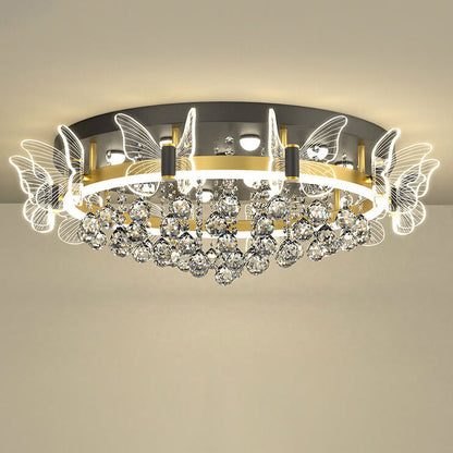 Modern Luxury Radiant Crystal Strings Butterfly Embellishment Round Shade LED Flush Mount Ceiling Light For Living Room