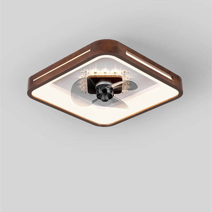 Modern Chinese Walnut Round Square Acrylic LED Flush Mount Ceiling Fan Light