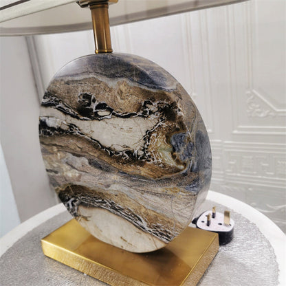 Traditional Chinese Round Rectangular Marble Fabric Metal Base 1-Light Table Lamp For Living Room