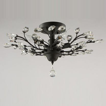 Traditional European Branch Iron Crystal 4/5/6 Light Semi-Flush Mount Ceiling Light For Living Room