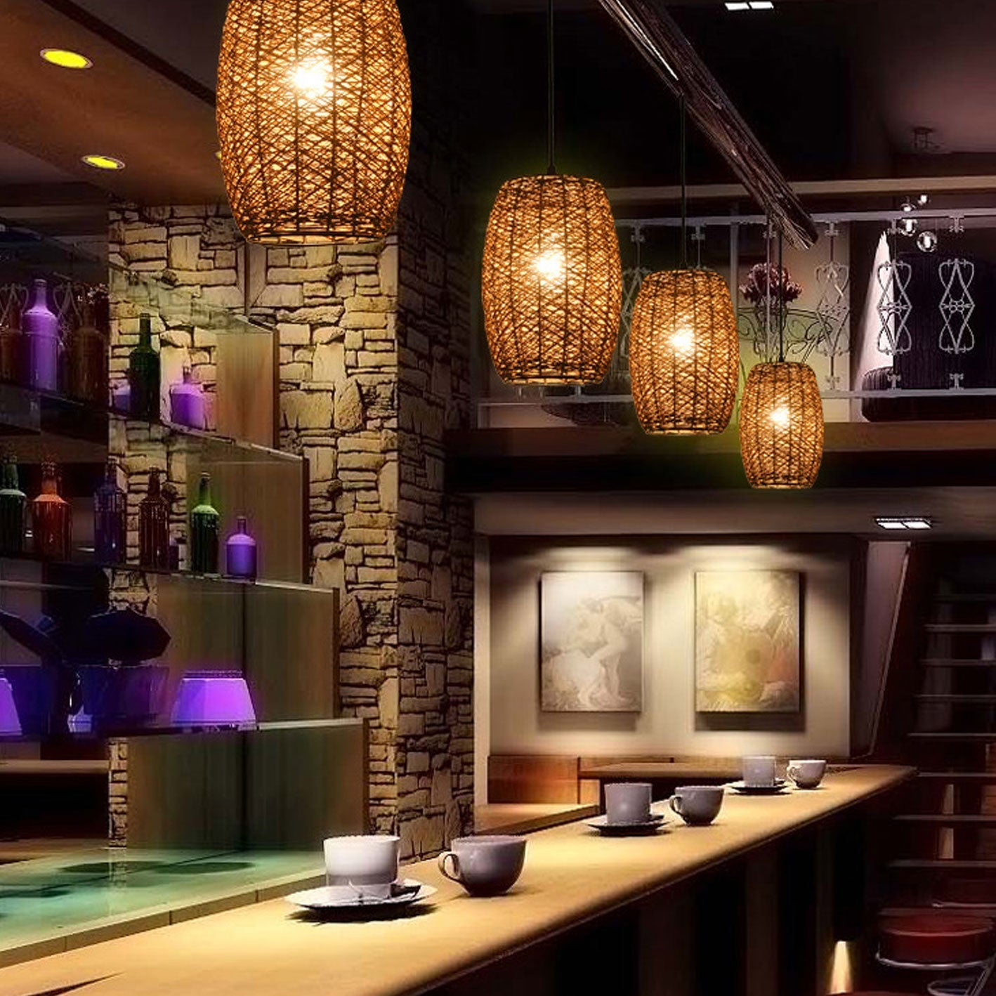 Modern Rustic Rattan Cylindrical 1-Light Pendant Light