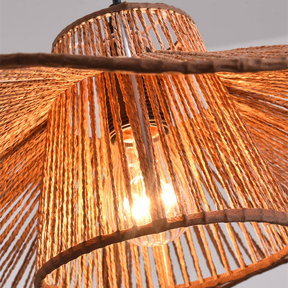 Traditional Vintage Weaving Iron Paper Rope Hat Cylinder 1-Light Pendant Light For Dining Room