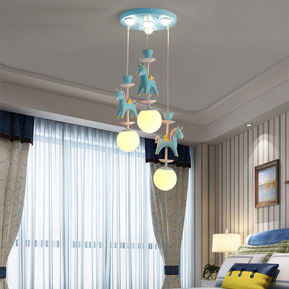Modern Art Deco Kids Iron Resin Glass Round Base Ball Horse 1/3/5 Light Flush Mount Ceiling Light For Bedroom