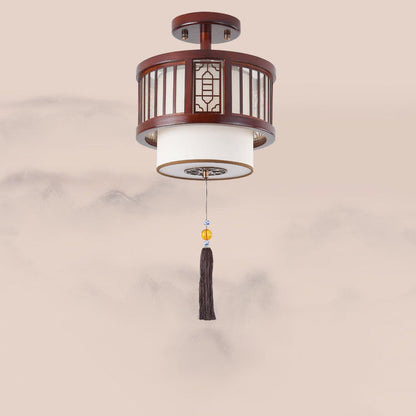 Traditional Chinese Solid Wooden Fabric Lantern Shade 1/3-Light Chandelier For Living Room
