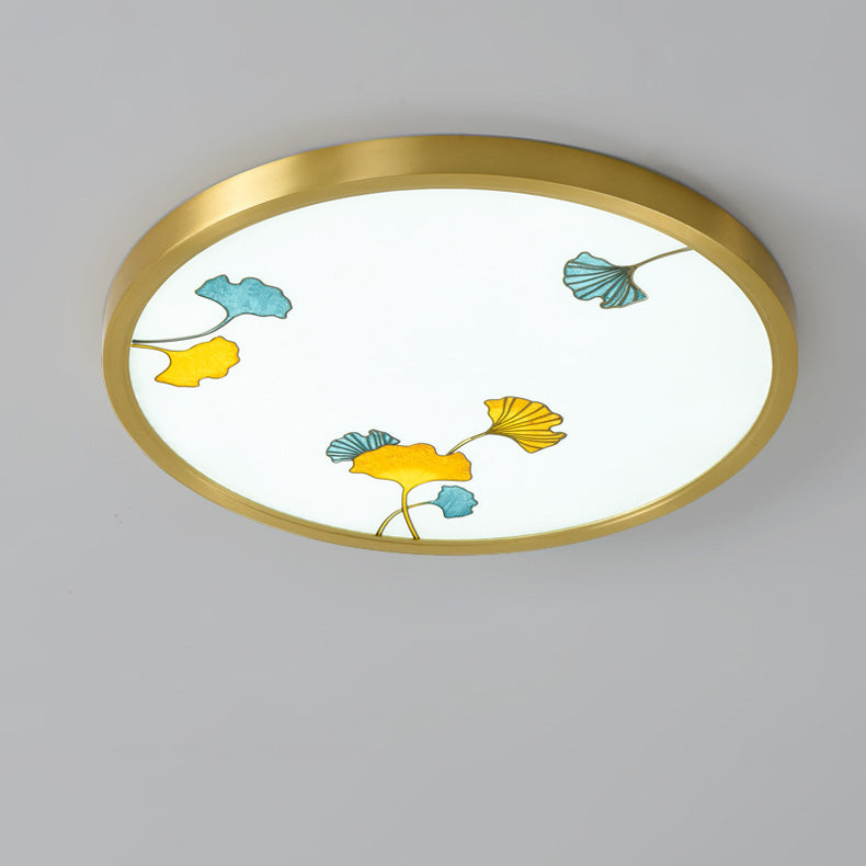Traditional Chinese Copper Acrylic Round Lotus Bamboo Ginkgo Leaves LED Flush Mount Ceiling Light For Living Room