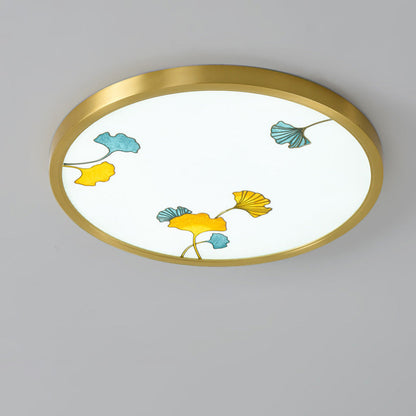 Traditional Chinese Copper Acrylic Round Lotus Bamboo Ginkgo Leaves LED Flush Mount Ceiling Light For Living Room