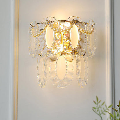 Contemporary Luxury Gold Finish Frame Pearl Water Grain Glass Sheet 2-Light Wall Sconce Lamp For Living Room