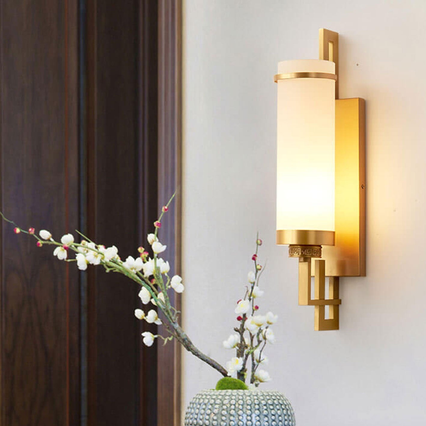 Modern Chinese Simple Glass Full Copper 1-Light Wall Sconce Lamp
