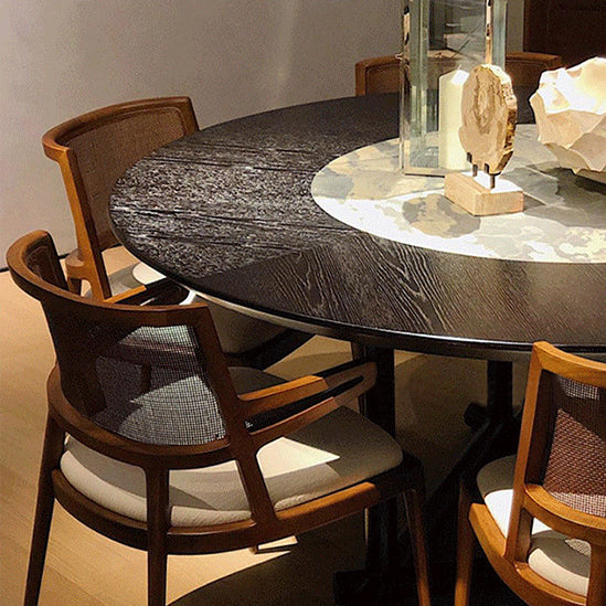 Traditional Chinese Square Wood Weaving Microfiber Leather Dining Chair Four Legs Backrest Armrest For Dining Room