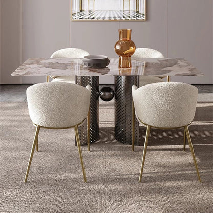 Modern Luxury Square Upholstered Curved Backrest Lambswool Stainless Steel Dining Chair Armrest For Dining Room