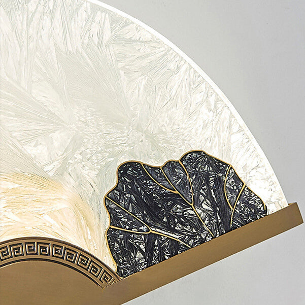Modern Chinese Glass Folding Fan Shaped Brass LED Wall Sconce Lamp