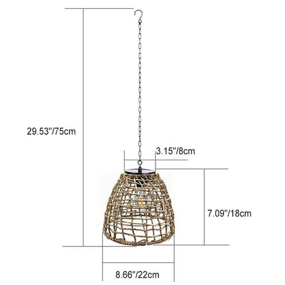 Traditional Rustic Iron Net Rattan Weaving Cage LED Solar Waterproof Pendant Light For Outdoor Patio