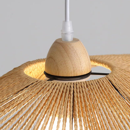 Traditional Vintage Wood Paper Rope Weaving Straw Hat Shape 1-Light Pendant Light For Living Room
