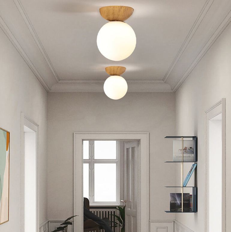 Nordic Japanese Glass Orb Wood Grain Iron 1-Light Ceiling Light
