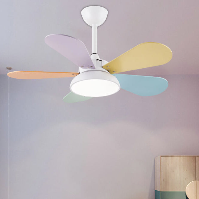 Simple Colorful Round Fan Leaf Kids Downrods Ceiling Fan Light