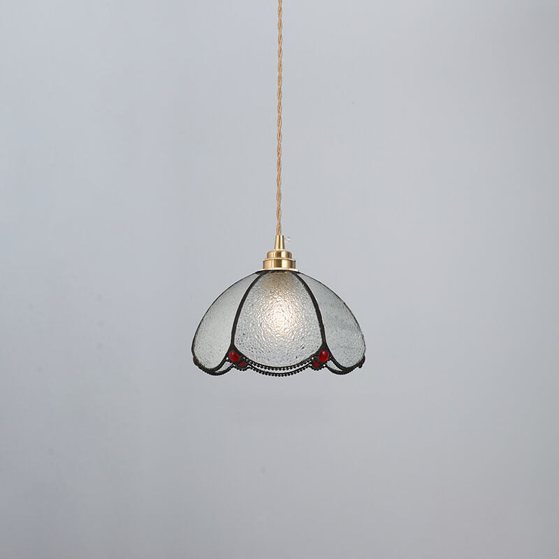 Japanese Vintage Brass Stained Glass Cone 1-Light Pendant Light