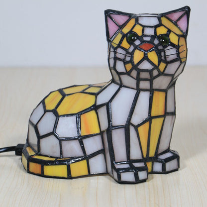 伝統的なティファニーステンドグラスの猫型1灯テーブルランプ（寝室用） 