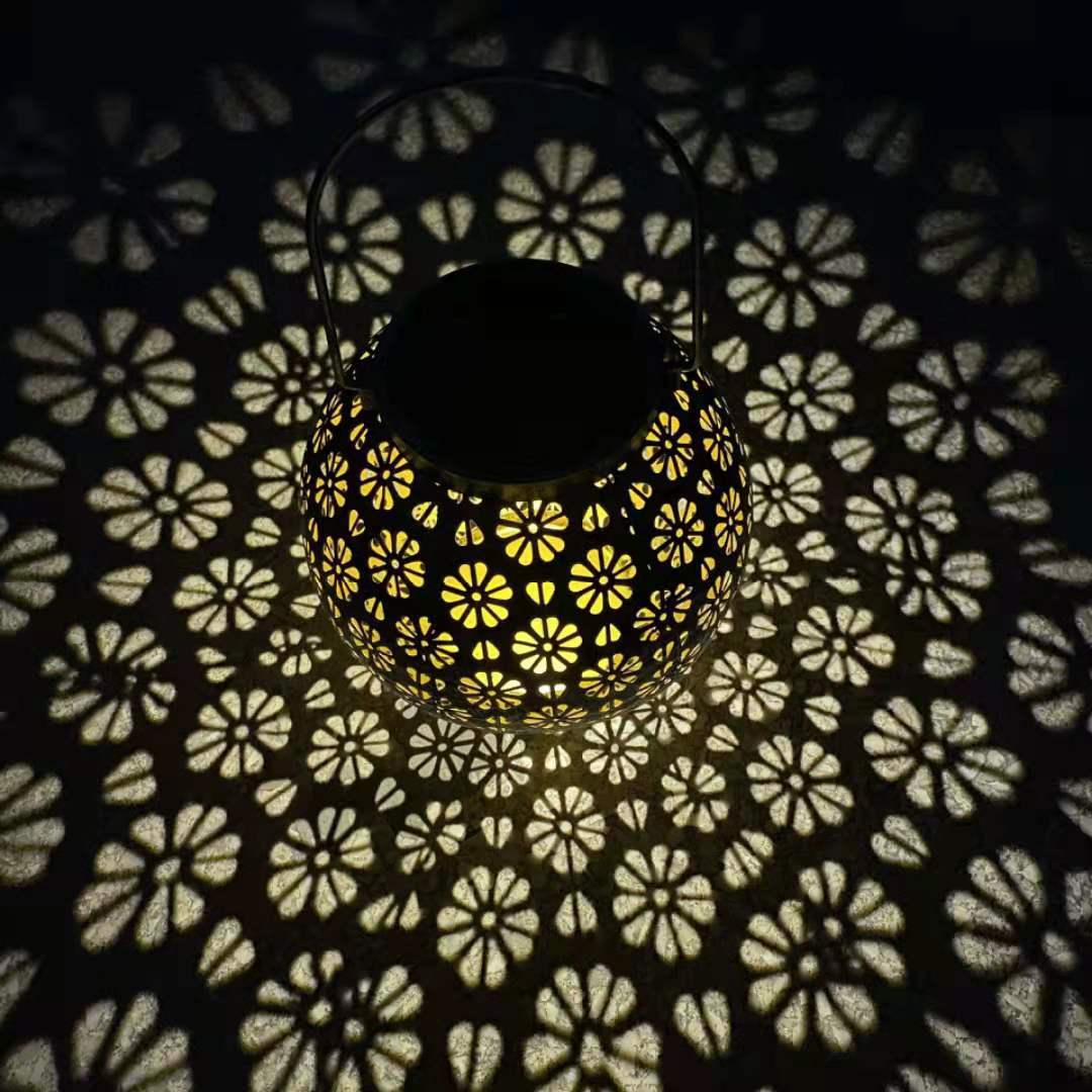 Modern Art Deco Solar Waterproof Portable Flower Round Lantern Iron LED Outdoor Light For Garden