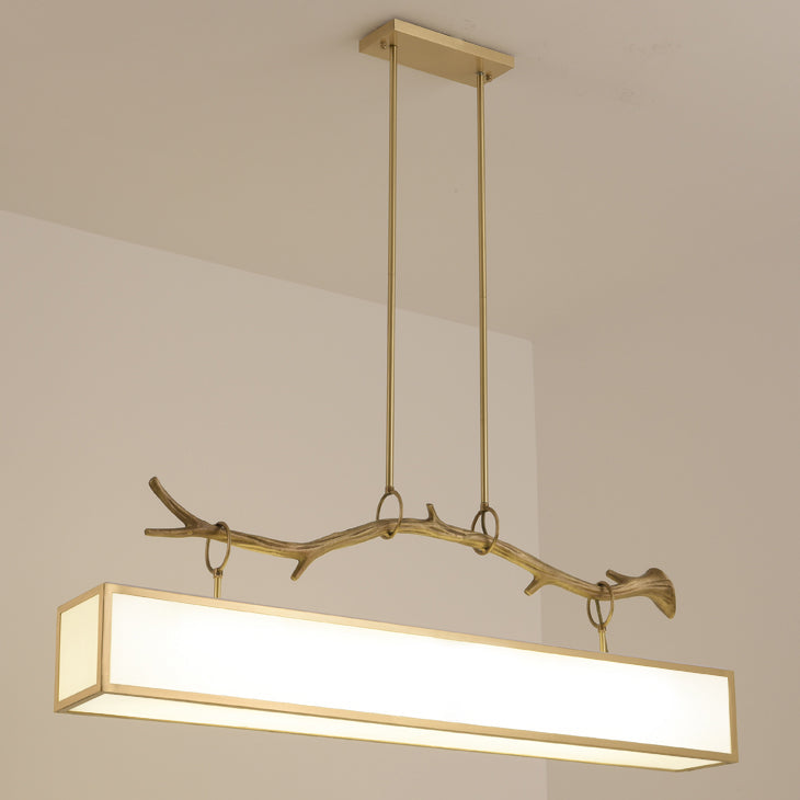Modern Art Deco Full Copper Branch Fabric Rectangle Shade 1-Light Island Light Pendant Light For Living Room