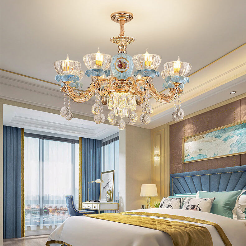 Traditional European Flower Candelabra Zinc Alloy Crystal Glass Ceramic 6/8/10/12 Light Chandelier For Living Room