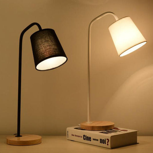 Simple Fabric Cone Shade Wood Base 1-Light Table Lamp