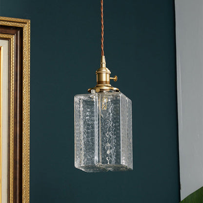 Contemporary Vintage Rectangular Square Draped Glass Brass 1-Light Pendant Light For Living Room