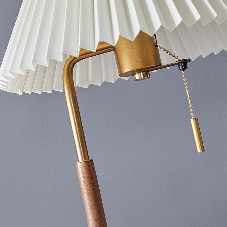 Modern Pleated Shade Walnut Wood Round Base 1-Light Table Lamp