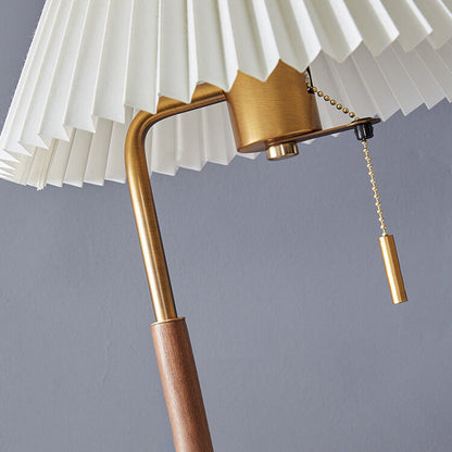 Modern Pleated Shade Walnut Wood Round Base 1-Light Table Lamp