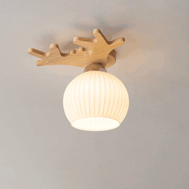 Nordic Simple Solid Wood Antler Glass Dome 1-Light Semi-Flush Mount Ceiling Light