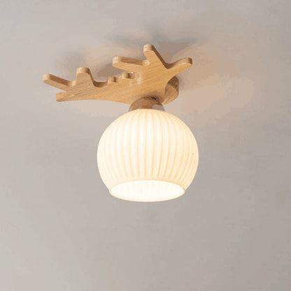 Nordic Simple Solid Wood Antler Glass Dome 1-Light Semi-Flush Mount Ceiling Light