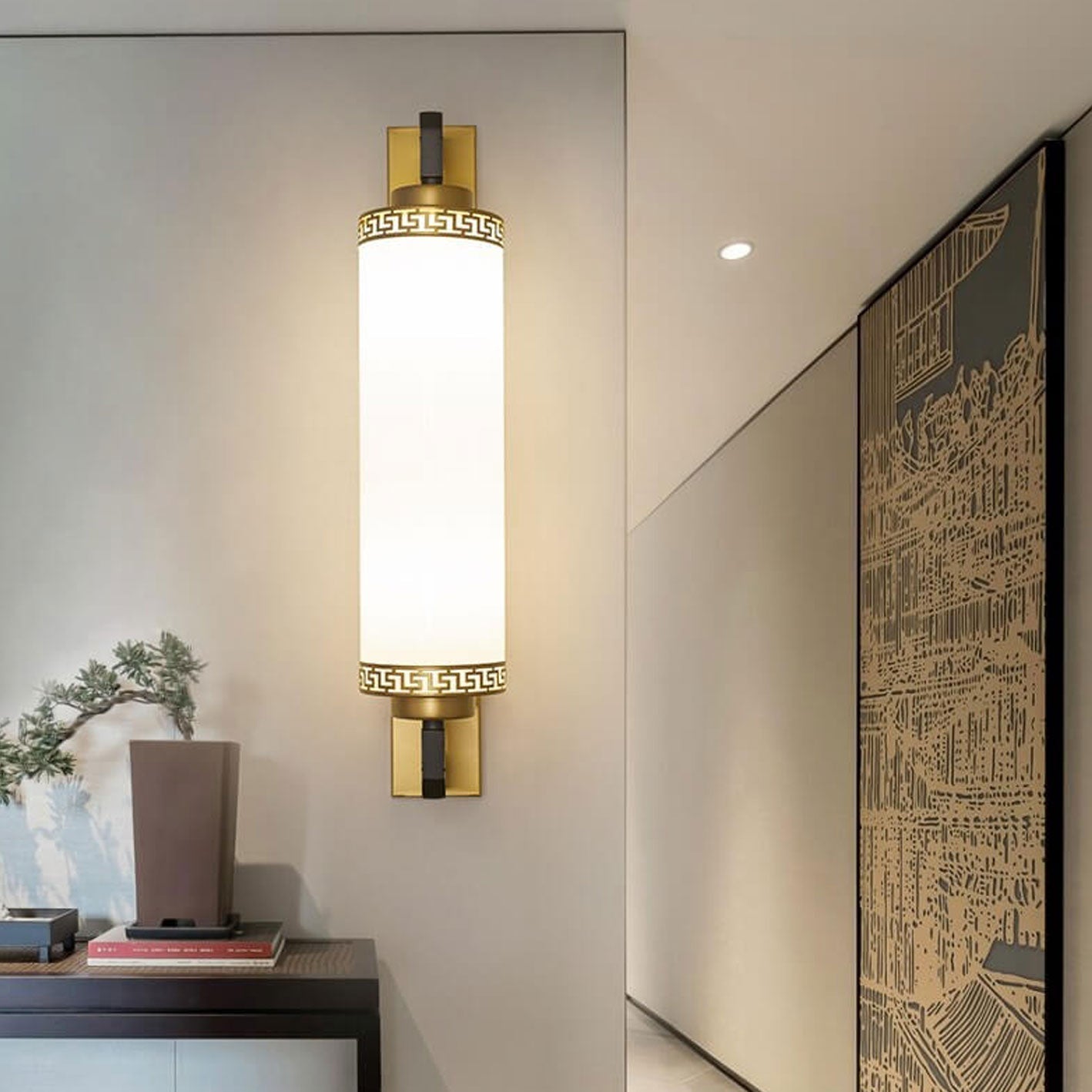 Modern Chinese Column Iron Glass 2-Light Wall Sconce Lamp
